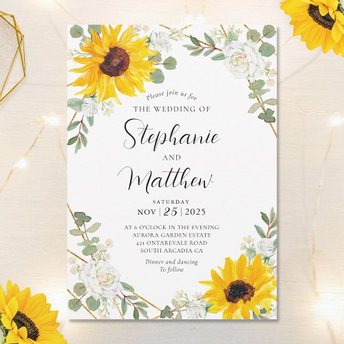 Sunflowers White Roses Geometric Botanical Wedding Invitation