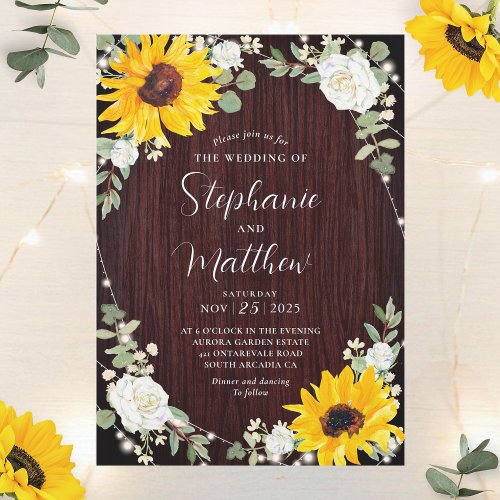 Sunflowers White Roses Lights Wood Wedding Invitation