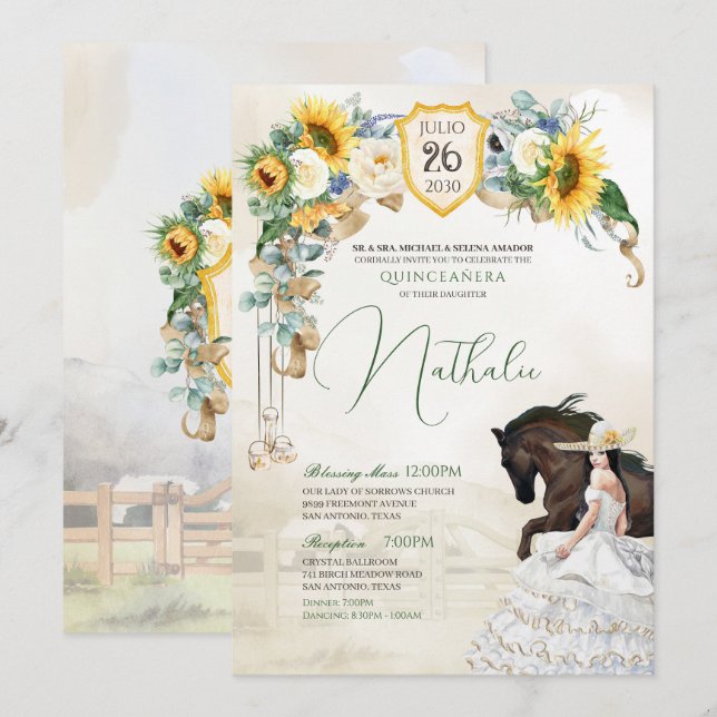 Sunflowers White Roses Western Charra Quinceanera Invitation (Front/Back)