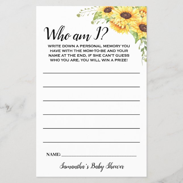 Sunflowers Who am I Baby Shower Game Card Flyer (Front)