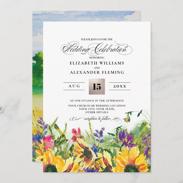 Sunflowers | Wild Meadow Summer Rustic Wedding Invitation (Front/Back)