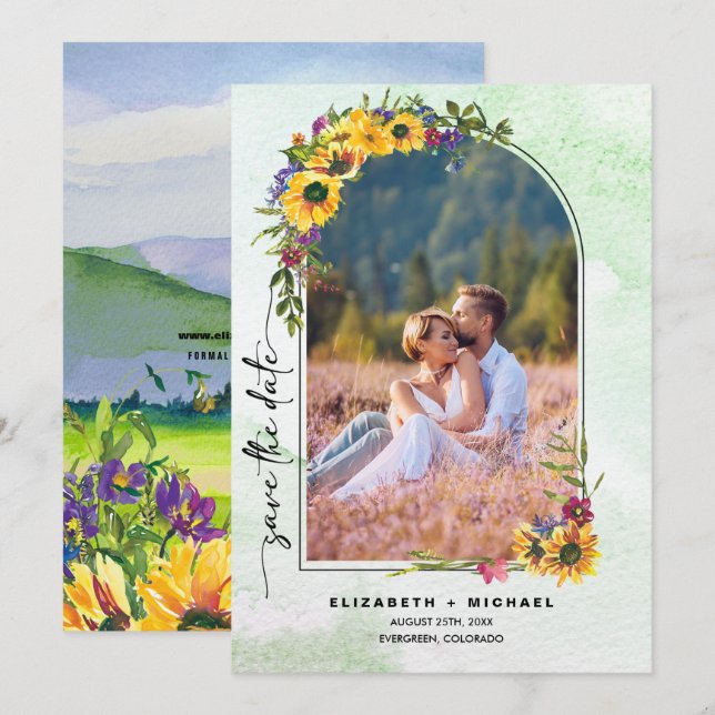 Sunflowers | Wild Meadow Summer Wedding Photo Save The Date (Front/Back)
