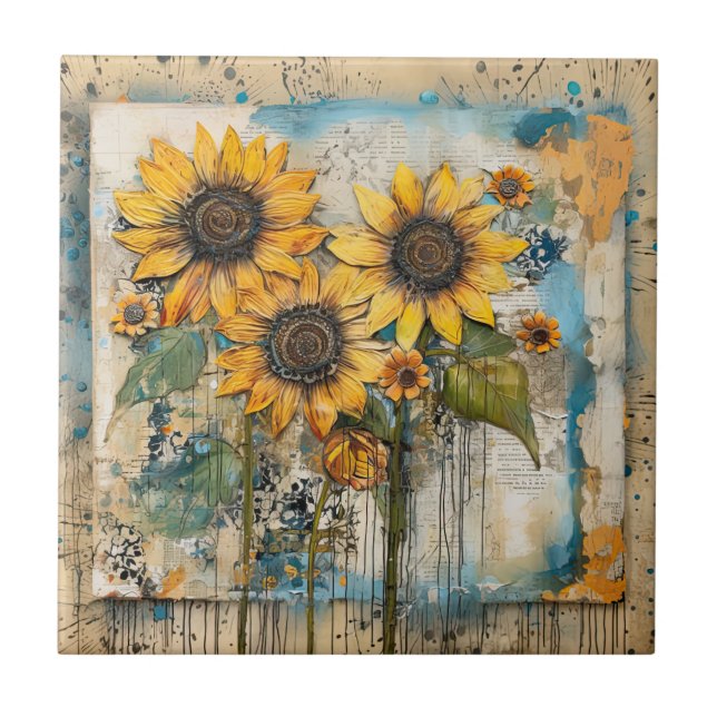 Sunflowers Wildflowers Flower Mixed Media Design Ceramic Tile (Front)