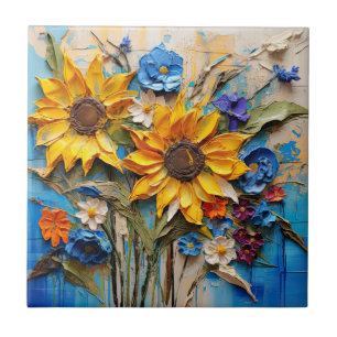 Sunflowers Wildflowers Flower Mixed Media Design Ceramic Tile