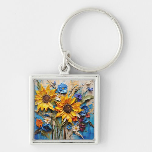 Sunflowers Wildflowers Flower Mixed Media Design Keychain