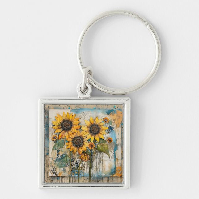 Sunflowers Wildflowers Flower Mixed Media Design Keychain (Front)