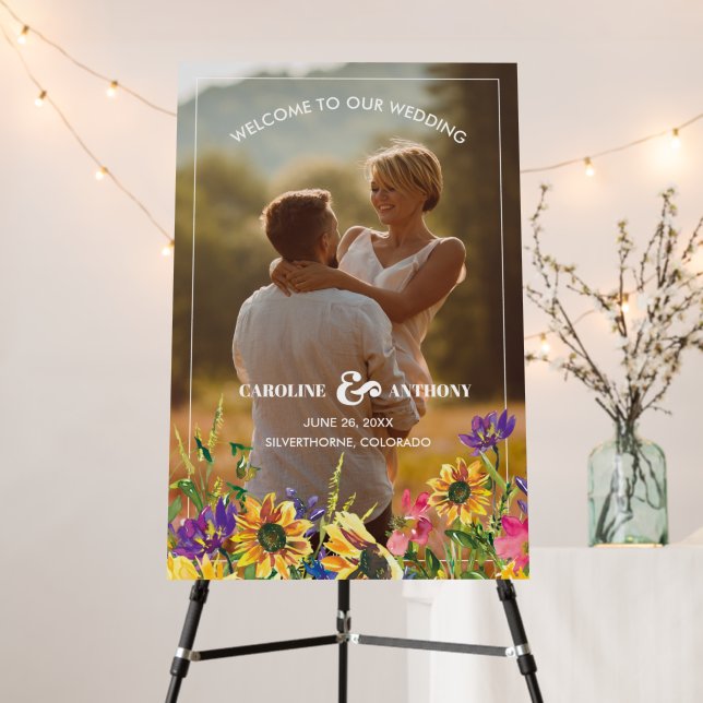 Sunflowers Wildflowers Rustic Wedding Welcome Sign (In Situ (Stand))