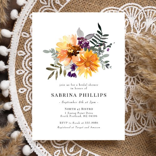 Sunflowers Wildflowers Yellow Purple Bridal Shower Invitation