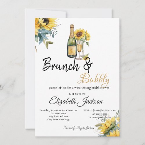 Sunflowers Wine Brunch  Bubbly Bridal Shower  Invitation