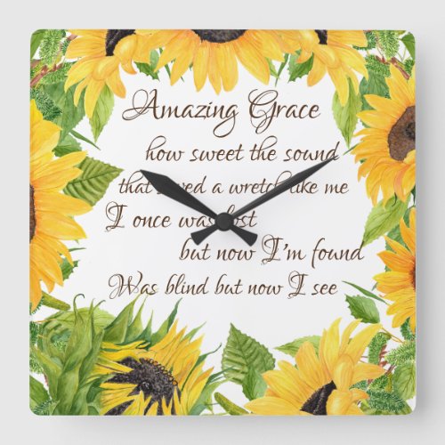 Sunflowers with Amazing Grace Hymn  Square Wall Clock
