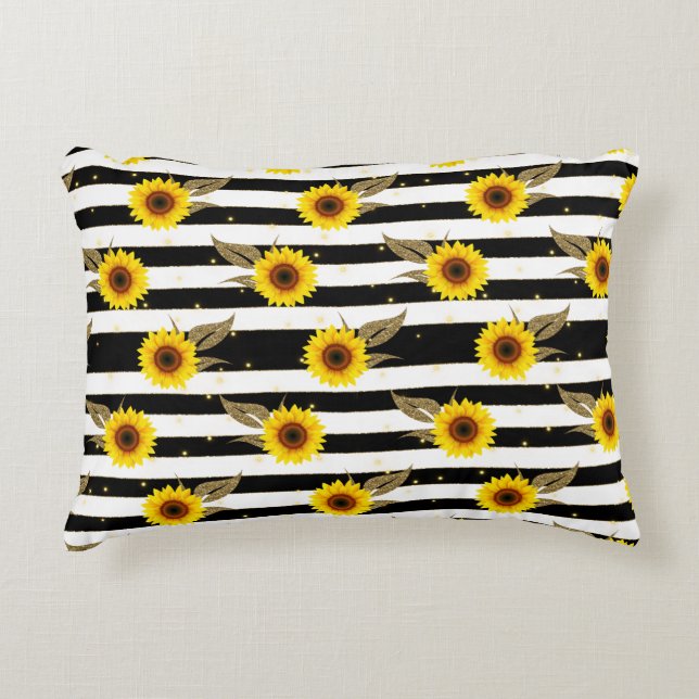 Sunflowers with Black and White Horizontal Lines Accent Pillow (Front)