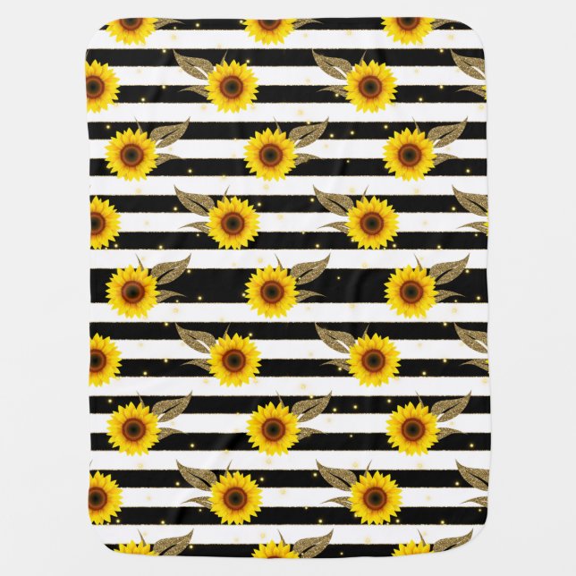 Sunflowers with Black and White Horizontal Lines Baby Blanket (Front)