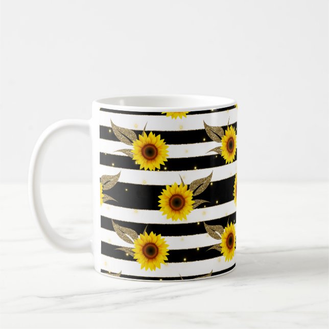 Sunflowers with Black and White Horizontal Lines Coffee Mug (Left)