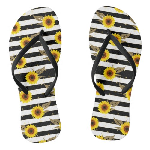 Sunflowers with Black and White Horizontal Lines Flip Flops