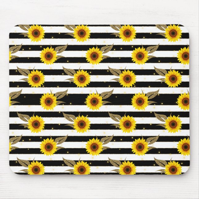 Sunflowers with Black and White Horizontal Lines Mouse Pad (Front)