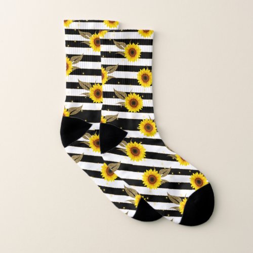 Sunflowers with Black and White Horizontal Lines Socks