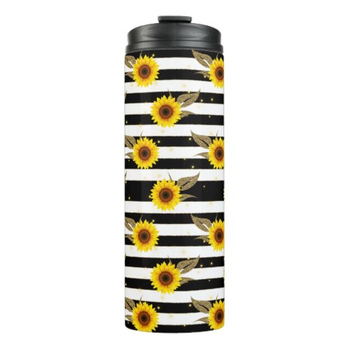 Sunflowers with Black and White Horizontal Lines Thermal Tumbler