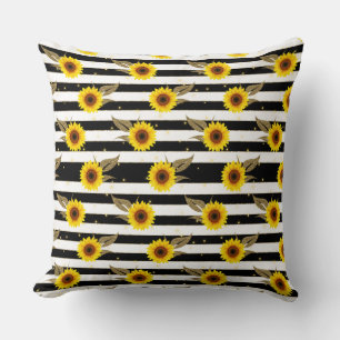 Sunflowers with Black and White Horizontal Lines Throw Pillow