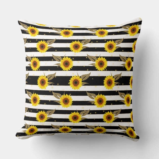 Sunflowers with Black and White Horizontal Lines Throw Pillow (Front)