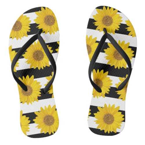 Sunflowers with Black and White Stripes Flip Flops