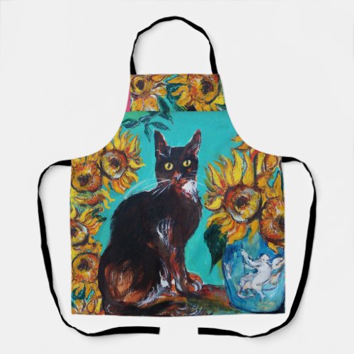 SUNFLOWERS WITH BLACK CAT IN BLUE TURQUOISE APRON