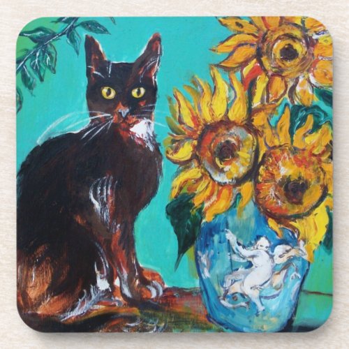 SUNFLOWERS WITH BLACK CAT IN BLUE TURQUOISE BEVERAGE COASTER