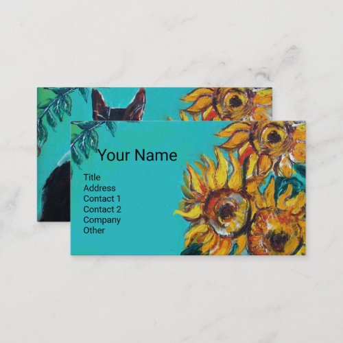 SUNFLOWERS WITH BLACK CAT IN BLUE TURQUOISE BUSINESS CARD