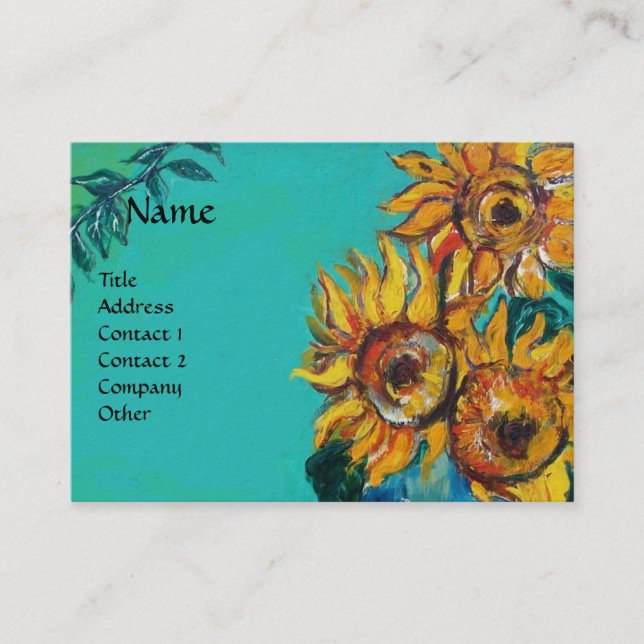 SUNFLOWERS WITH BLACK CAT IN BLUE TURQUOISE BUSINESS CARD (Front)