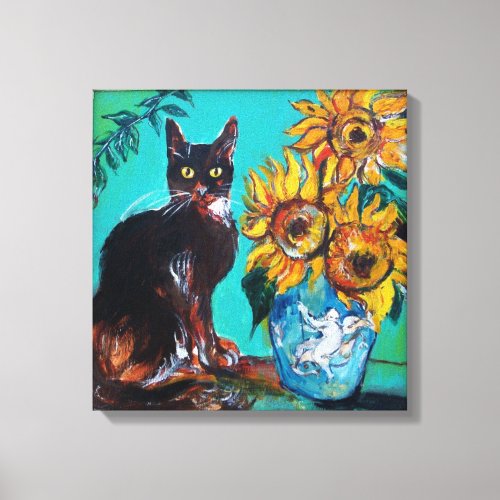 SUNFLOWERS WITH BLACK CAT IN BLUE TURQUOISE CANVAS PRINT