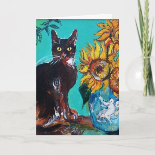 SUNFLOWERS WITH BLACK CAT IN BLUE TURQUOISE CARD