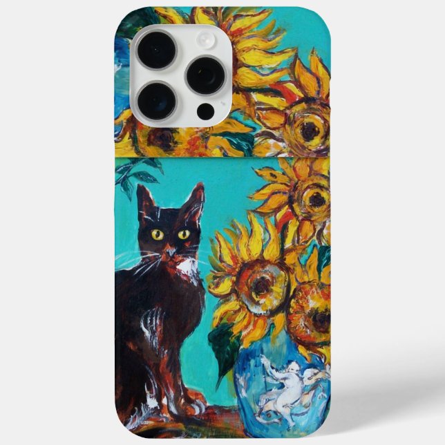 SUNFLOWERS WITH BLACK CAT IN BLUE TURQUOISE Case-M Case-Mate iPhone Case (Back)