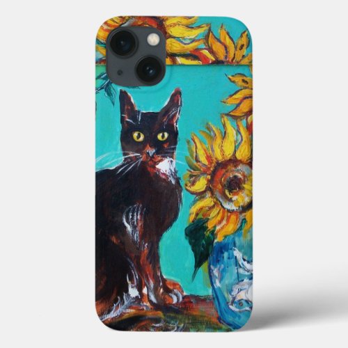 SUNFLOWERS WITH BLACK CAT IN BLUE TURQUOISE iPhone 13 CASE
