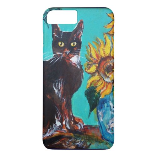 SUNFLOWERS WITH BLACK CAT IN BLUE TURQUOISE iPhone 8 PLUS7 PLUS CASE