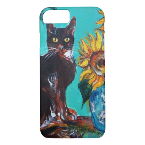 SUNFLOWERS WITH BLACK CAT IN BLUE TURQUOISE iPhone 87 CASE