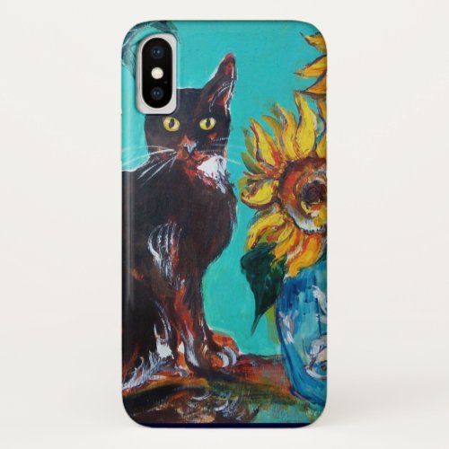SUNFLOWERS WITH BLACK CAT IN BLUE TURQUOISE iPhone XS CASE