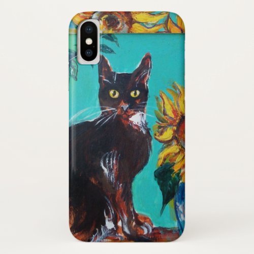 SUNFLOWERS WITH BLACK CAT IN BLUE TURQUOISE iPhone X CASE