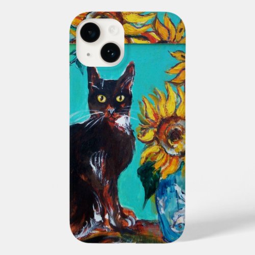 SUNFLOWERS WITH BLACK CAT IN BLUE TURQUOISE Case_Mate iPhone 14 CASE