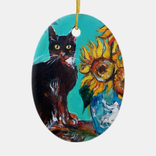 SUNFLOWERS WITH BLACK CAT IN BLUE TURQUOISE CERAMIC ORNAMENT (Front)