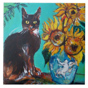 SUNFLOWERS WITH BLACK CAT IN BLUE TURQUOISE  CERAMIC TILE