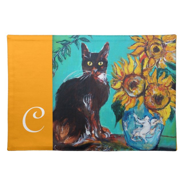 SUNFLOWERS WITH BLACK CAT IN BLUE TURQUOISE CLOTH PLACEMAT (Front)