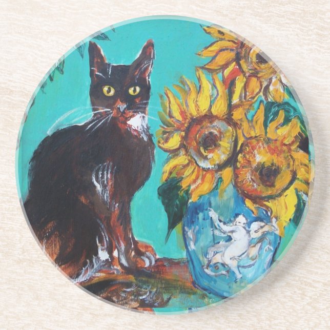 SUNFLOWERS WITH BLACK CAT IN BLUE TURQUOISE DRINK COASTER (Front)