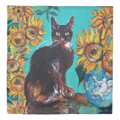 SUNFLOWERS WITH BLACK CAT IN BLUE TURQUOISE DUVET COVER