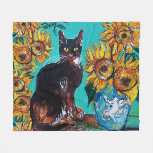 SUNFLOWERS WITH BLACK CAT IN BLUE TURQUOISE FLEECE BLANKET
