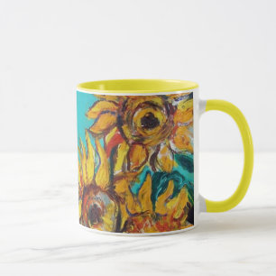 SUNFLOWERS WITH BLACK CAT IN BLUE TURQUOISE FLORAL MUG
