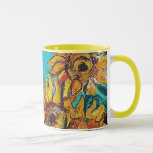 SUNFLOWERS WITH BLACK CAT IN BLUE TURQUOISE FLORAL MUG