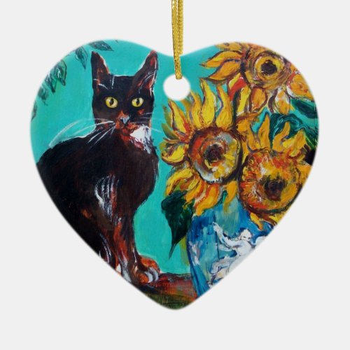 SUNFLOWERS WITH BLACK CAT IN BLUE TURQUOISE HEART CERAMIC ORNAMENT