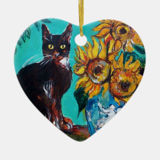 SUNFLOWERS WITH BLACK CAT IN BLUE TURQUOISE HEART CERAMIC ORNAMENT (Front)