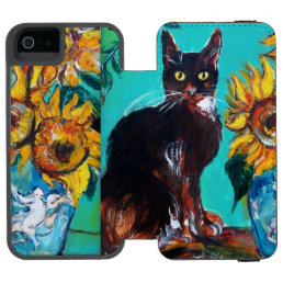 SUNFLOWERS WITH BLACK CAT IN BLUE TURQUOISE iPhone SE/5/5s WALLET CASE