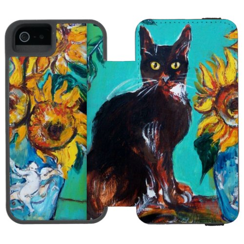 SUNFLOWERS WITH BLACK CAT IN BLUE TURQUOISE iPhone SE55s WALLET CASE