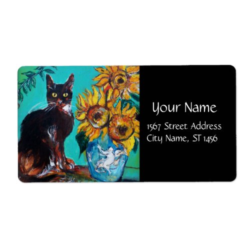 SUNFLOWERS WITH BLACK CAT IN BLUE TURQUOISE LABEL